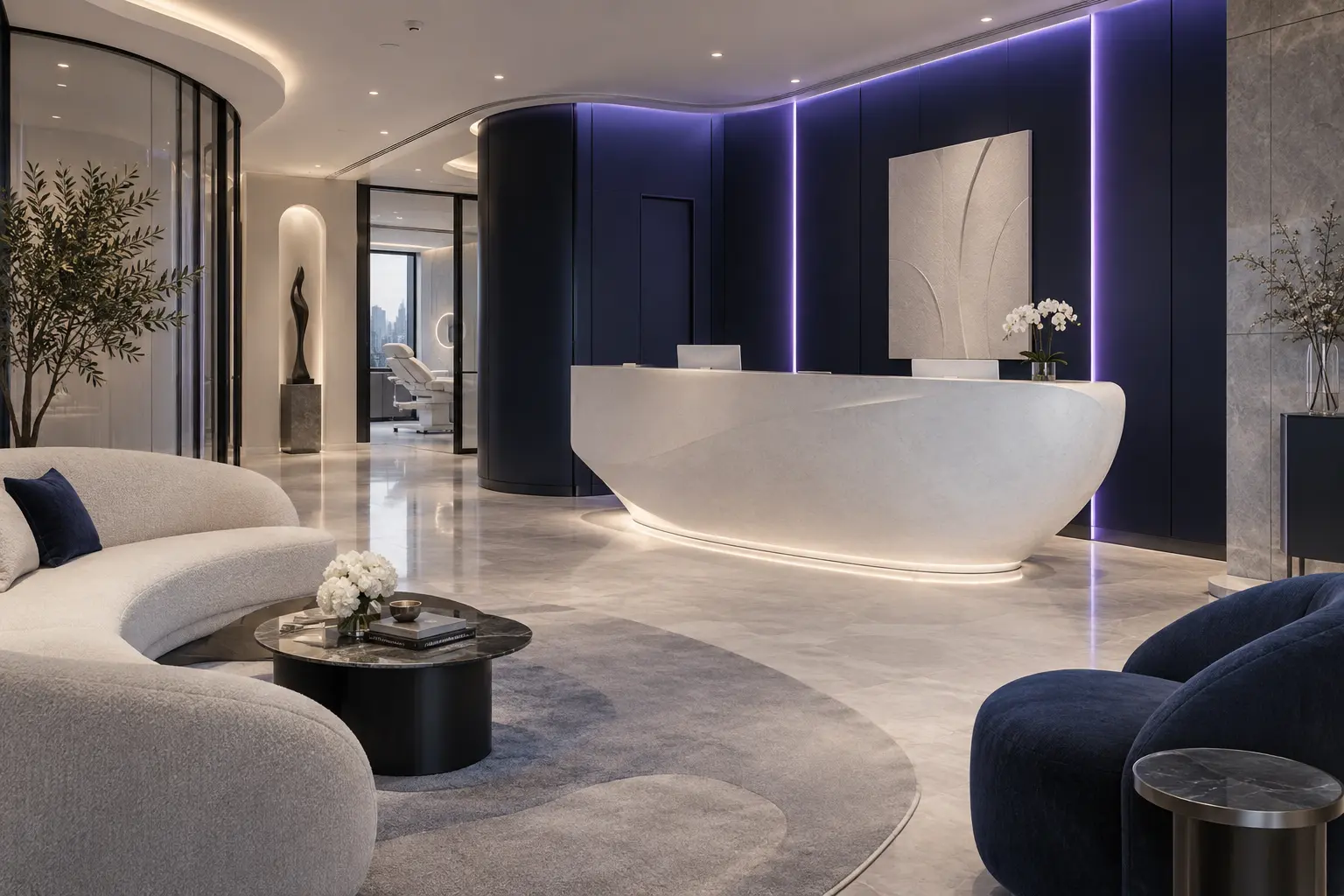 Modern midnight-blue aesthetic clinic reception