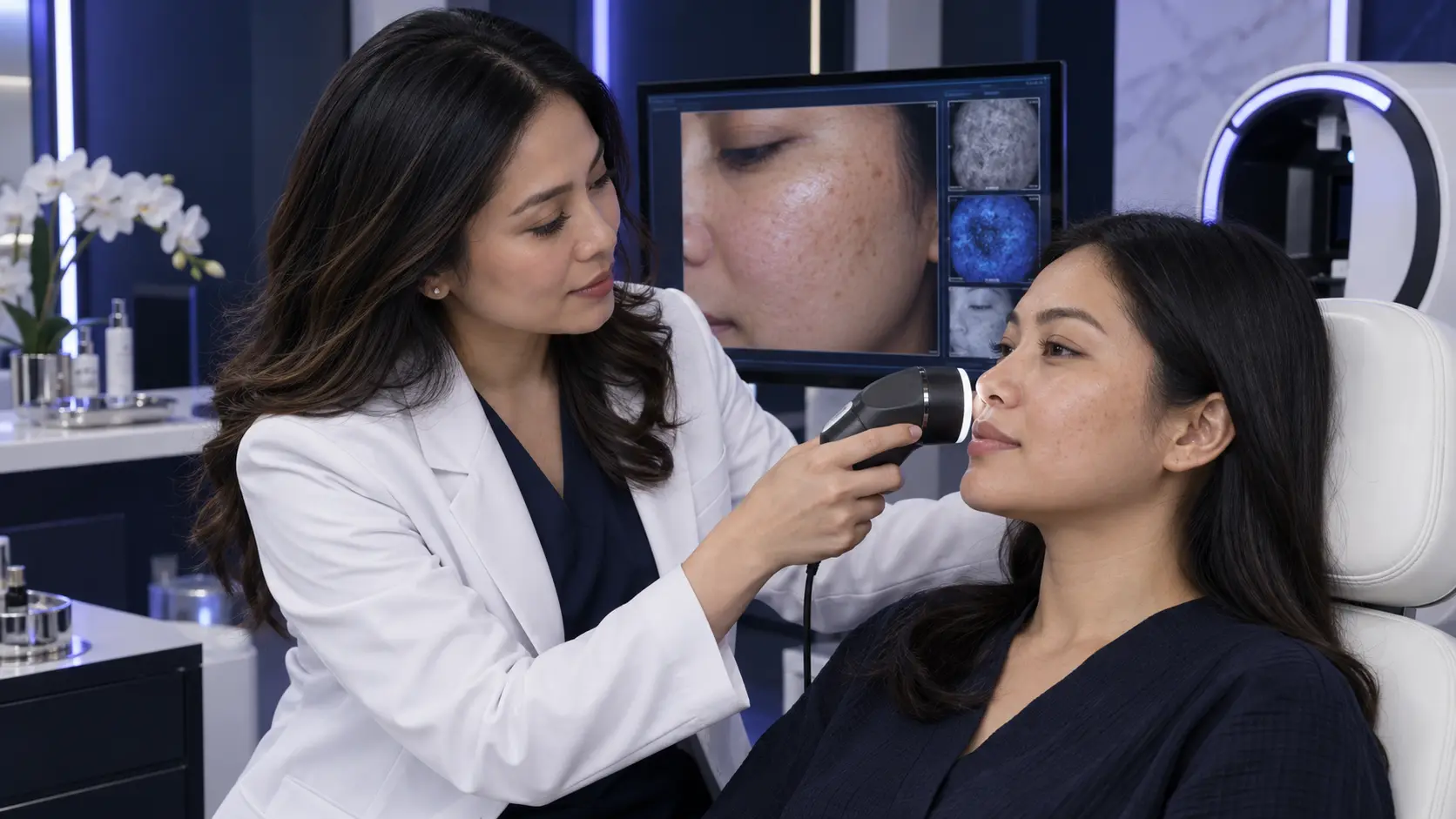 Aesthetic physician performing a digital skin assessment